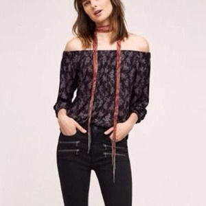 Anthropologie Deletta Caitha Black Purple Floral Top Off-Shoulder Flowy Blouse